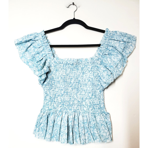 Love The Label Top Womens Small Puff Sleeve Ruffles Smocked Blue Peplum Feminine - Picture 11 of 11